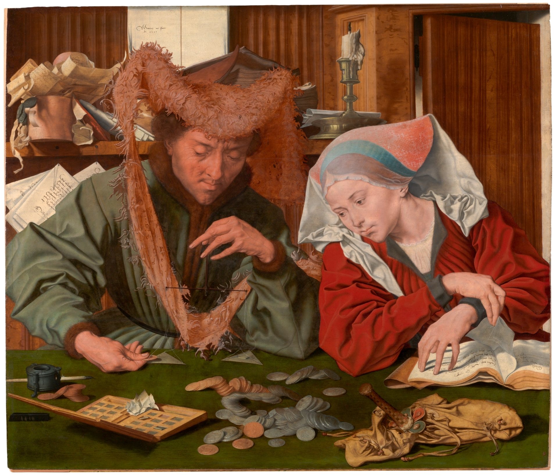Pintura flamenca de 1539: un recaudador de impuestos cuenta monedas sobre una mesa mientras su mujer repasa un libro de cuentas.
